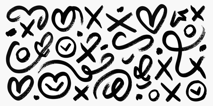 hand drawn black and white abstract shapes and symbols chaotic expressive pattern on white background
