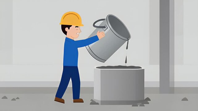 Cartoon Construction Worker Pouring Concrete into Foundation