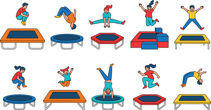 Trampoline Fun and Gymnastics Set with People Jumping, Flipping, and Performing Tricks for Active Lifestyle Illustrations