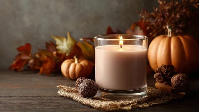Autumn candle with pumpkins cinnamon and nuts on rustic wooden table background Long-lasting Fall Candle Brands cozy fall mood