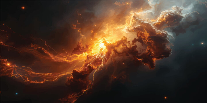 A beautiful sunset sky with dramatic red and orange clouds casts a heat-filled glow over a dark forest fire as smoke and flames rise against a yellow sunlight background