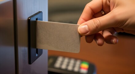 Fototapeta premium A person's hand inserts a blank credit card into a payment terminal, symbolizing a secure financial transaction or access control.