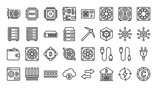 Vector Icons Set of Cryptocurrency and Mining Hardware Icons. EPS Editable