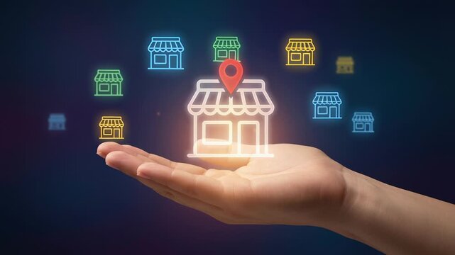 Franchise marketing smart business expansion with multiple branch stores and online presence featuring glowing store icons and location pins held above open hand symbolizing growth and network