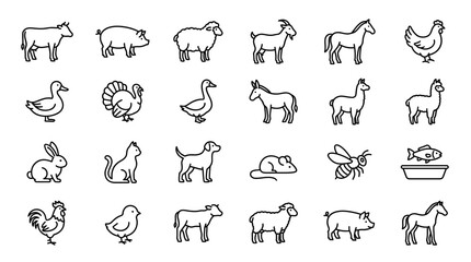 Fototapeta premium Vector Icons Set of farm animals and pets outline icons collection. EPS Editable