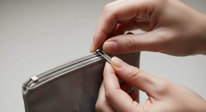 A close-up view of a person's hands delicately zipping up a stylish, light-colored pouch, highlighting the intricate details of the zipper mechanism and the smooth texture of the material.