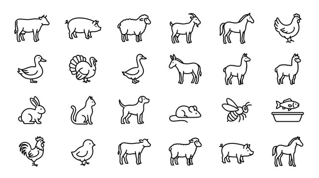 Vector Icons Set of farm animals and pets outline icons collection. EPS Editable
