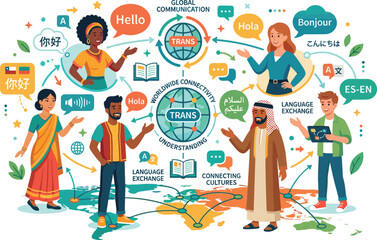 Global communication and language exchange vector illustration featuring diverse people worldwide connectivity and translation for connecting cultures and international understanding. © MSTSUFIA