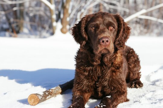 Brown dog lies on white snow. A stick rests near its paws. The animal has wavy fur and looks into the camera. Trees are visible in the blurred background. It is a sunny winter day.