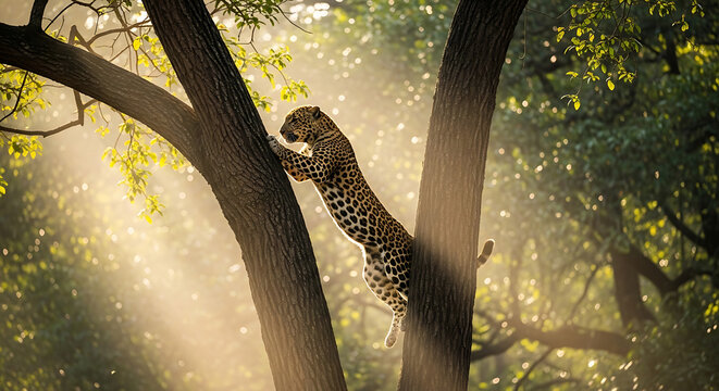 Wildlife portrait of a leopard climbing in its natural habitat