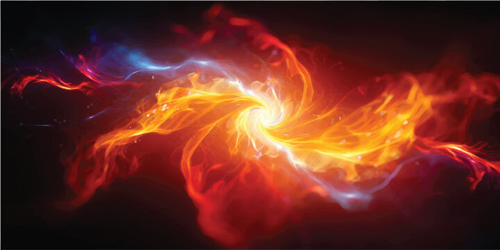 Fiery explosion with a burning heart on a black backdrop features vibrant orange and red flames, bright yellow light, and hot glowing energy in a dramatic abstract art illustration