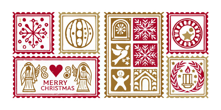 vectorized christmas stamps collection with festive designs and black background
