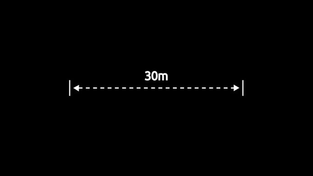 A dotted line representing a 30 meter measurement for design and layout purposes. 30 meter dimension dotted line for measurement.