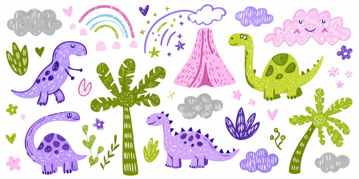 Colorful dinosaur illustrations with rainbow and volcano watercolor style