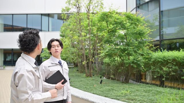 新緑の屋外で会話する、不動産のビルメンテナンス、インフラの点検などを指を差す、作業着のベテラン作業員と若手のojt　現場のコミュニケーションイメージの動画