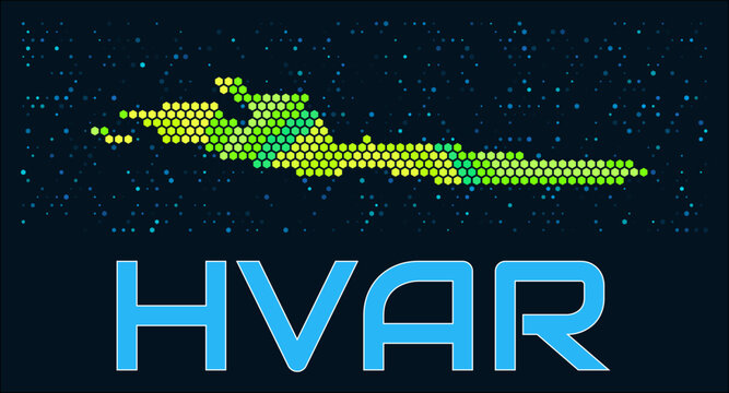 Hvar hexagon dots map. Croatia. Digital style shape of the island. Hvar map and title. Tiny green colored hexagons, sparse blue dots at background. Vector Illustration.