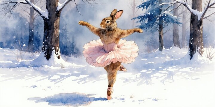Brown rabbit in pink tutu dances ballet en pointe. Snow falls gently in winter forest. Hare performs graceful pirouette on snowy ground. Cute animal art.
