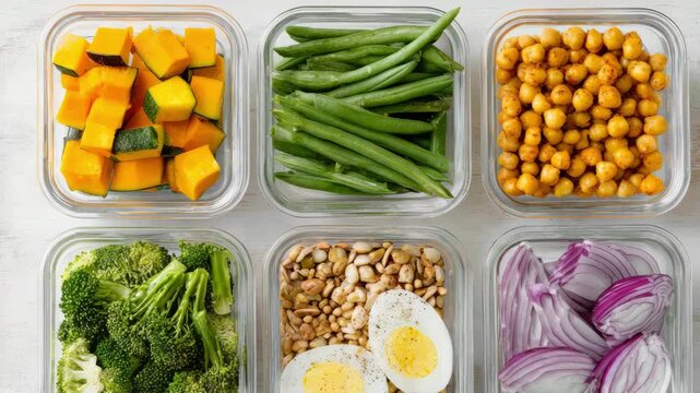 Healthy meal prep with assorted fresh vegetables and proteins in glass containers Low-Carb Fall Meal Prep Ideas concept of healthy meal prep
