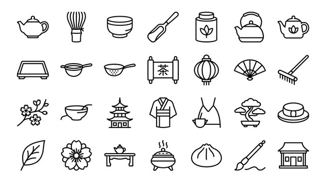 Vector Icons Set of hand drawn Japanese culture and tea ceremony icons. EPS Editable
