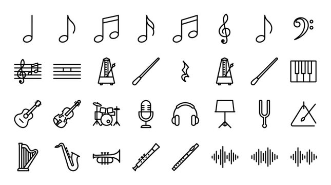 Vector Icons Set of Hand Drawn Musical Instruments and Music Notes Icons. EPS Editable