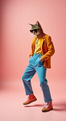 Fototapeta premium Cat wearing a yellow jacket and blue pants and a yellow shirt animal background