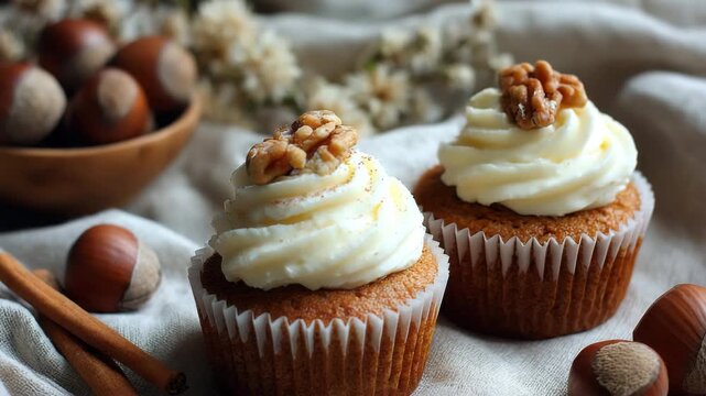 Pumpkin spice cupcakes with cream frosting and garnishes on rustic background Making Spiced Fall Cupcakes evoking a cozy autumn dessert vibe