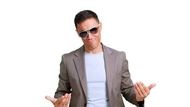 Confident man with sunglasses showing smug superiority