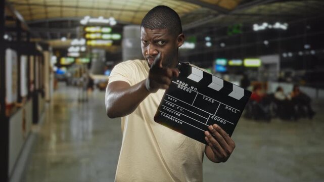 Young black man in beige t shirt holds clapperboard and points finger to camera in busy airport terminal; determination focus.