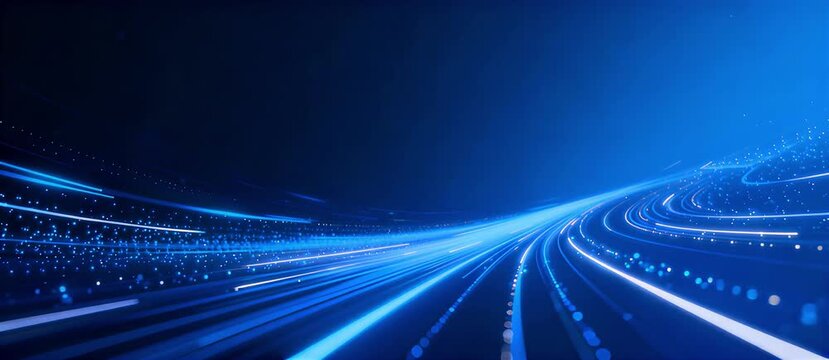 An abstract blue background featuring glowing lines and motion waves creates a dark, high-energy space design with a light texture and laser art style