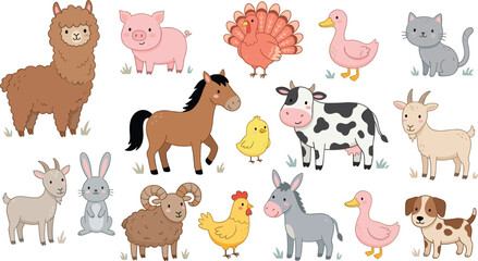 Fototapeta premium Cute Farm Animals Cartoon Vector Set Featuring Alpaca Cow Horse Goat Pig Chicken Duck And Domestic Pet Characters
