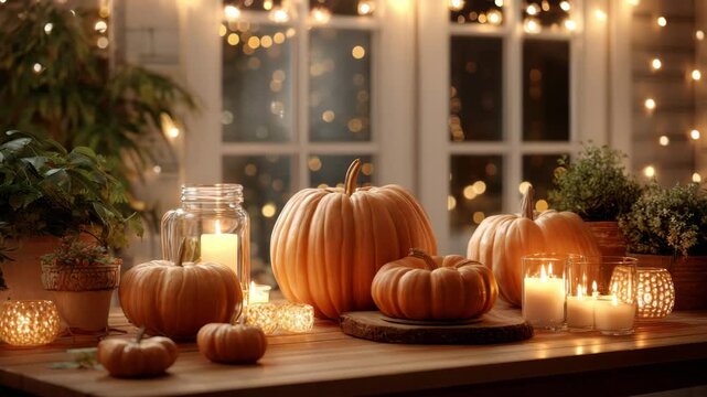 Cozy autumn pumpkin and candle decor on wooden table with warm fairy lights glow Nighttime pumpkin carving table with string lights candles and carved pumpkins glowing in the dark
