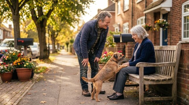 Heartwarming connection: A kind middle-aged man and his terrier dog visiting an elderly woman on a neighborhood bench.