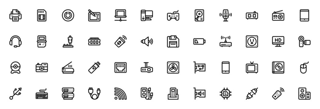 Hardware icon set. Minimalist vector collection. Includes Printer, Sim card, Laptop, Gamepad, Hard disk, Microphone, Tablet, Headphones, Speaker, Camera, Keyboard, Server, Wifi, Processor and more.