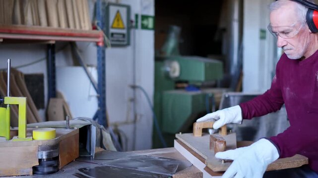 Experienced craftsman shaping wood on milling machine