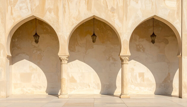 Arched architectural facade and lanterns