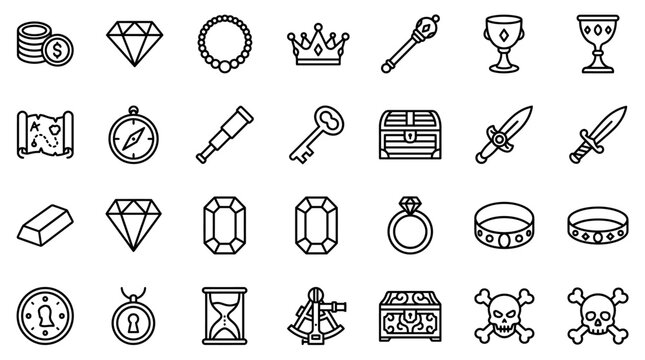 Vector Icons Set of Treasure and Pirate Adventure Icons. EPS Editable