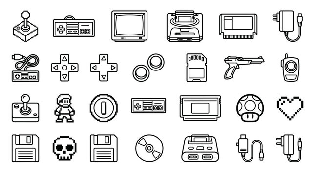 Vector Icons Set of vintage retro video game line art icons. EPS Editable