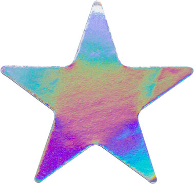 Holographic star sticker with iridescent foil texture isolated on white background