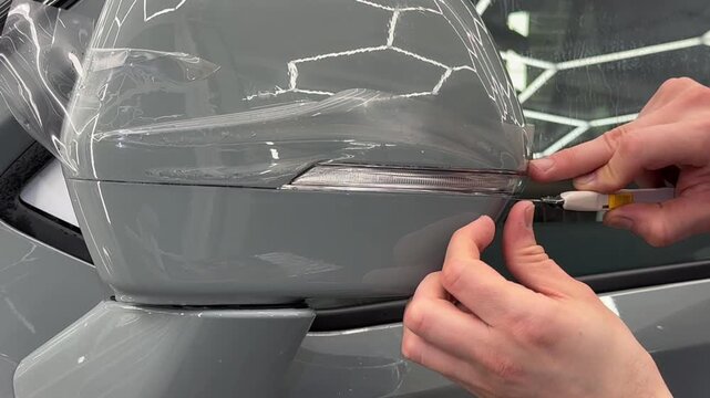 A car wrapping specialist applies a PPF or vinyl film to the side mirror car. Selective focus. PPF protective film. The process of installing vinyl PPF film on the side mirror. Protects the paint. 