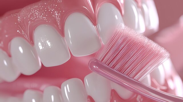 Close-up of a bright smile with perfect white teeth being brushed with a soft pink toothbrush. Oral hygiene and dental care essentials.