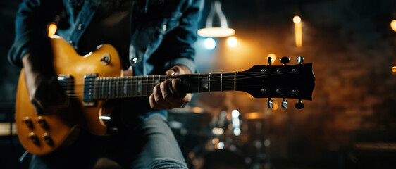Obraz premium Close-Up of Man Playing Electric Guitar in Cozy Warm Interior. AI generative.