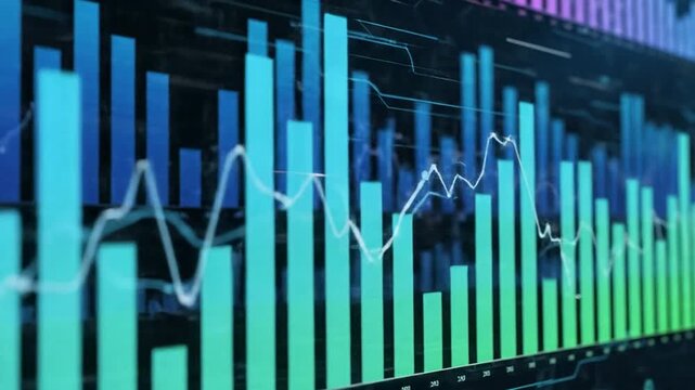 A graph with green and blue bars shows fluctuating market trends on screen