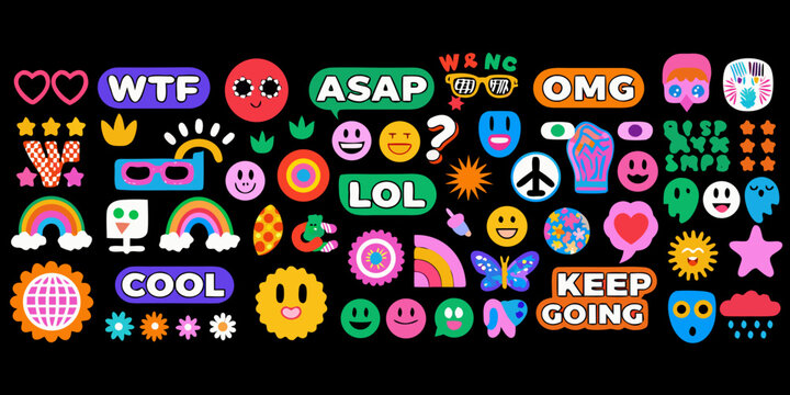 Colorful sticker set with popular internet slang and playful doodle illustrations on black background