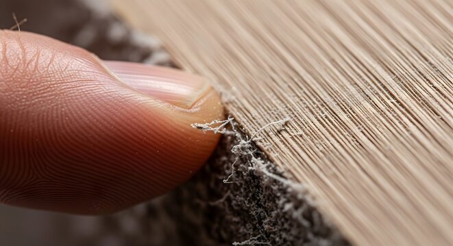 A close-up shot of a human finger touching a dusty, textured surface, highlighting the intricate details of accumulated debris and wood grain.