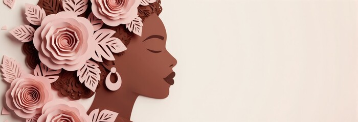 Fototapeta na wymiar African American woman profile adorned with paper roses and leaves. Elegant lady with eyes closed, serene expression, celebrating beauty and diversity, ideal for Mother Day or women events.