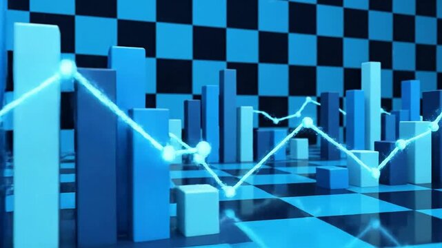 A futuristic graph rises in a digital cityscape with blue bars and lines