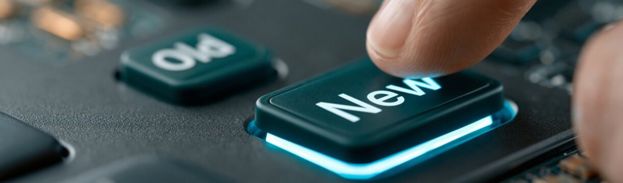 Button Pressing: An evocative shot of a finger poised to press the 'New' button, set against a technological interface. This visual narrates the start of something fresh.
