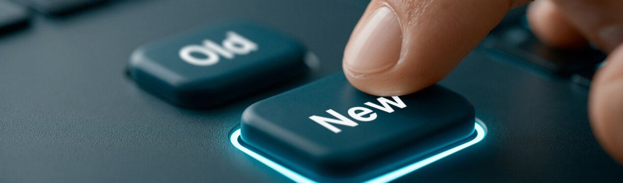The Dawn of New Era: A fingertip makes a decisive choice by pushing the New button, a moment symbolizing a technological upgrade.