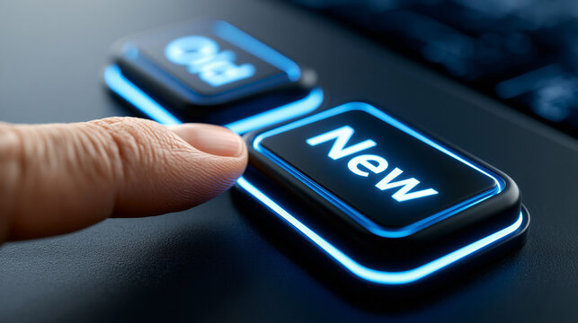Navigating Change: A fingertip hovers over a illuminated button labeled New alongside the button Old, representing the transition and decision between change and tradition.