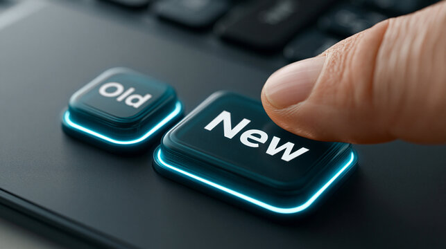 Transitioning to the Future: A finger decisively presses the New button on a sleek device, symbolizing change, innovation, and progress.